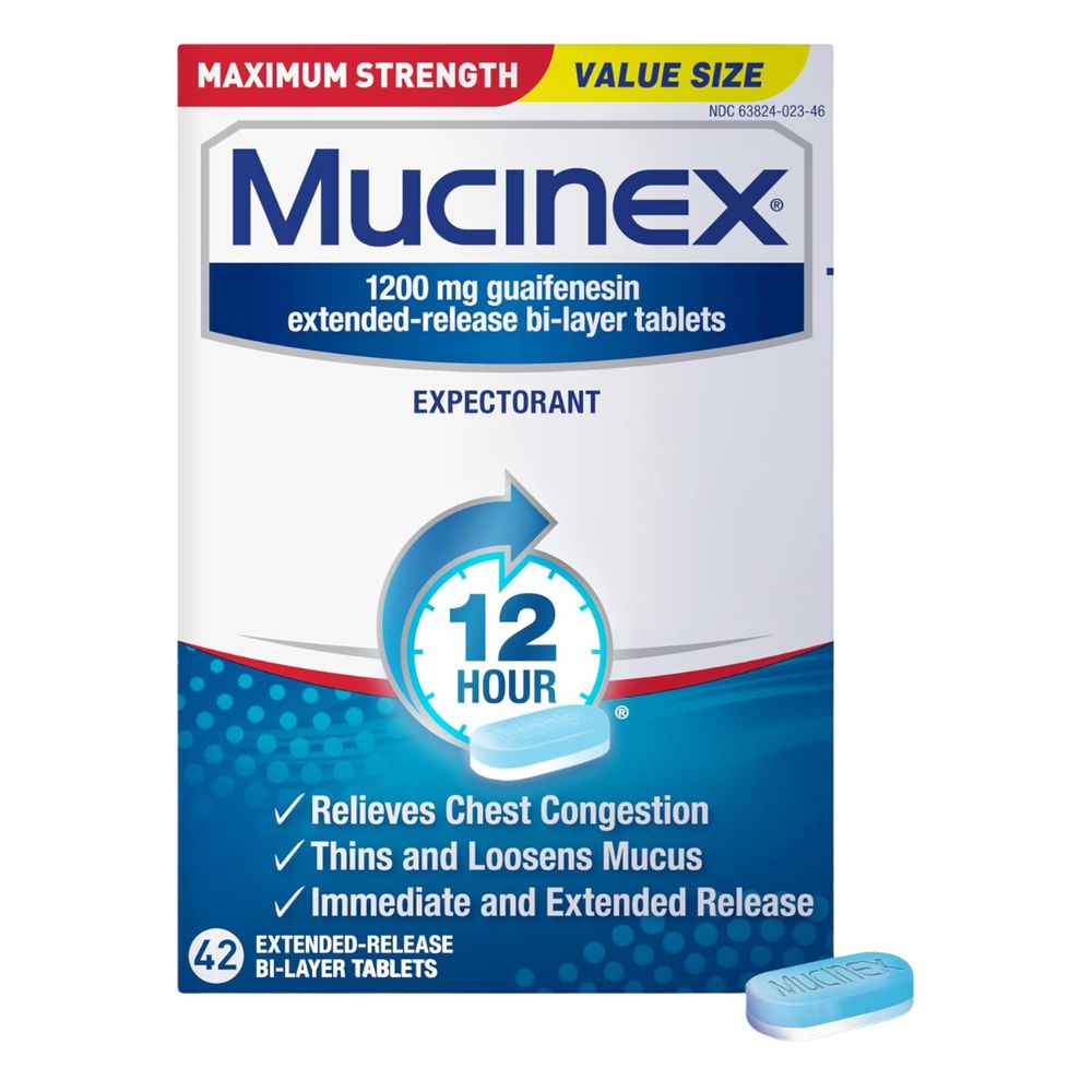 Mucinex 12 Hour 1200mg Maximum Strength Guaifenesin Chest Congestion & Mucus Relief, Guaifenesin Expectorant Aids Mucus Removal, Chest Decongestant for Adults, Dr Recommended, 42ct Tablets